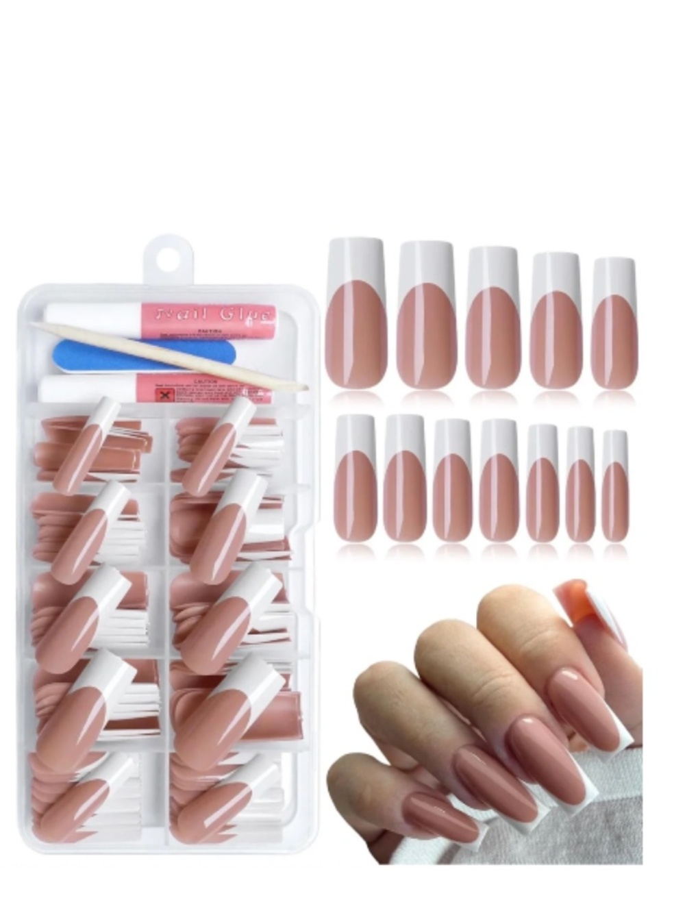 Brown And White French Tip Long Square Press-On Nails